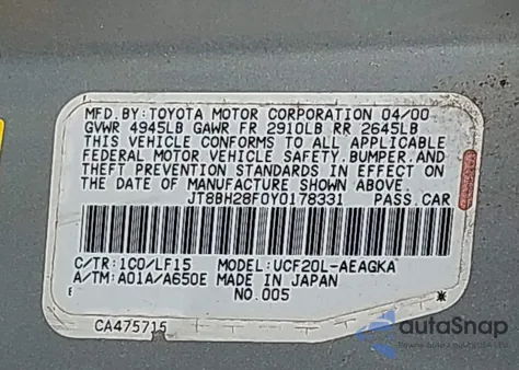 2000 Lexus Ls 400 из США, поврежденный, VIN JT8BH28F0Y0178331